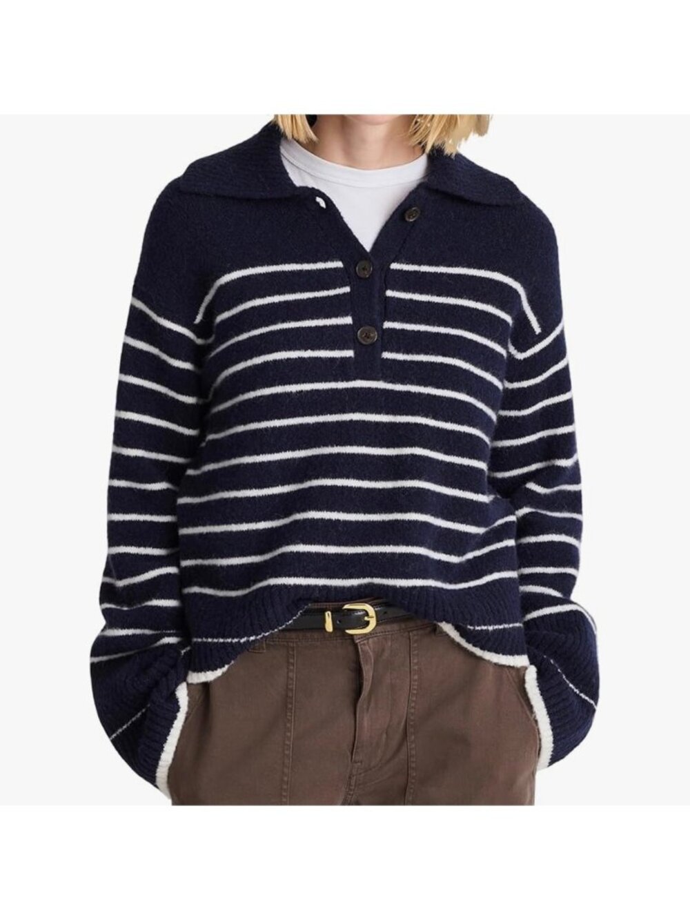 Madewell Placed Stripe Gina Charm Polo Sweater~Size S~Ivory Mini Stripe NWT L708